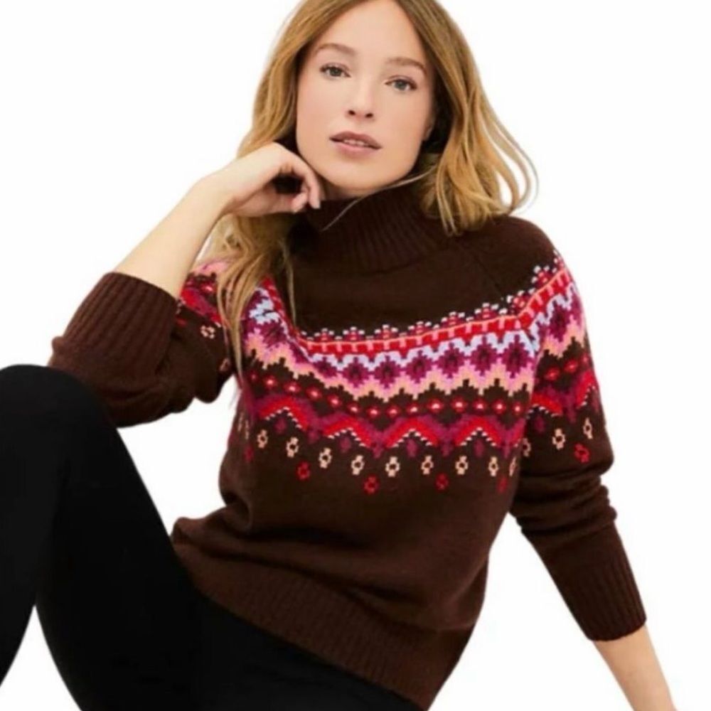 Lou & Grey Womens Brown Pink Patterned Mock Neck Fair Isle Sweater Warm Thick XL